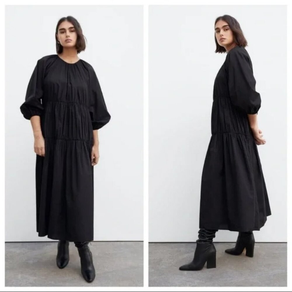 Zara Poplin Puff Sleeve Tiered Midi Dress Black XS New with tags!